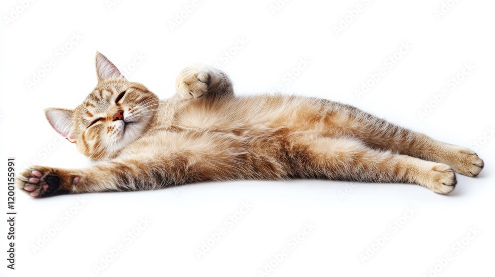 A relaxed cat lounging with its paws stretched forward, isolated on white, A relaxed cat lounging with its paws stretched forward, isolated on white,