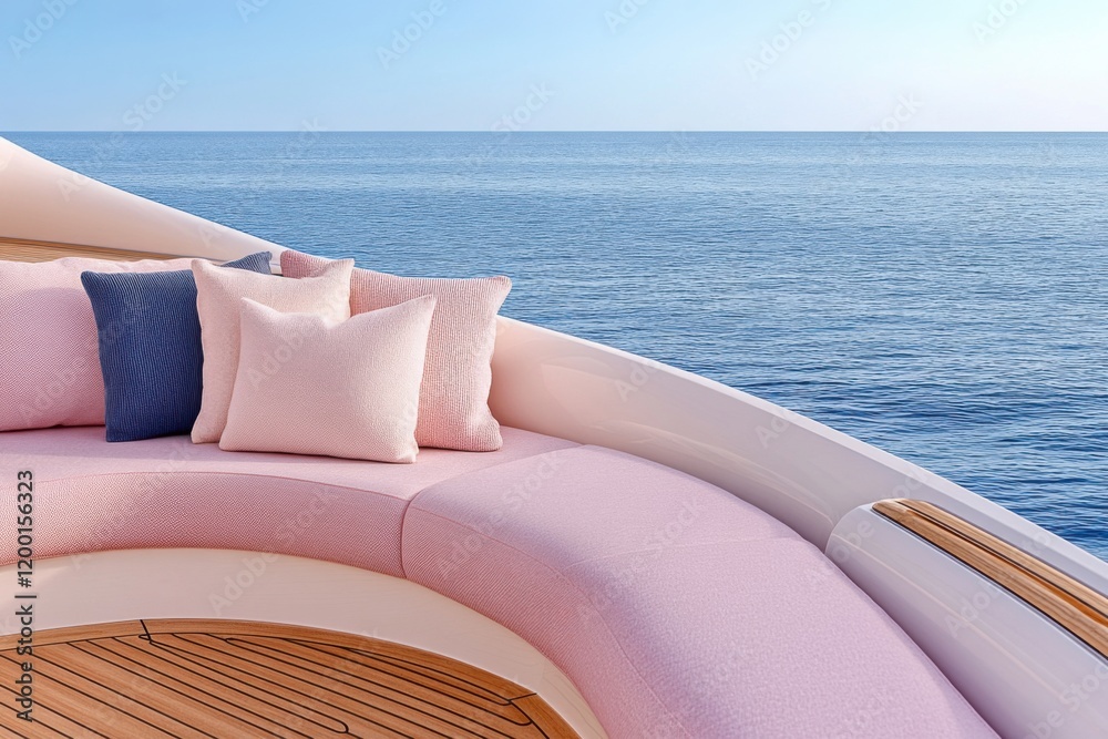 Obraz premium Luxury yacht anchored in serene blue waters with elegant dusty pink and navy accents in the seating area inviting relaxation and enjoyment