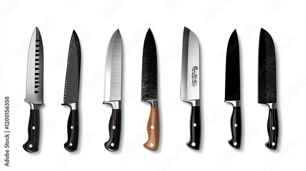 A collection of kitchen knives on a white background. knife set for all cooking needs A collection of kitchen knives on a white background. knife set for all cooking needs