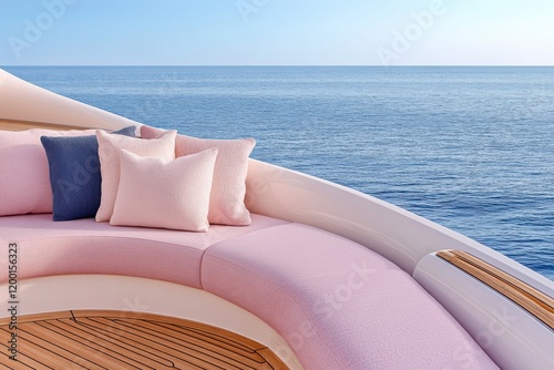 Luxury yacht anchored in serene blue waters with elegant dusty pink and navy accents in the seating area inviting relaxation and enjoyment photo