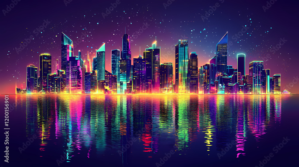 Vibrant futuristic city skyline illuminated by neon lights, reflecting on the water below. urban landscape in a cyberpunk style. Urban Neon Aesthetic. Illustration Vibrant futuristic city skyline illuminated by neon lights, reflecting on the water below. urban landscape in a cyberpunk style. Urban Neon Aesthetic. Illustration