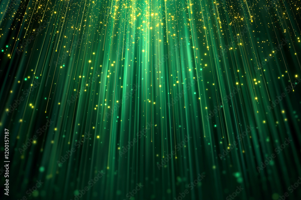 Luminous green light streaks and golden particles falling in abstract night sky Luminous green light streaks and golden particles falling in abstract night sky