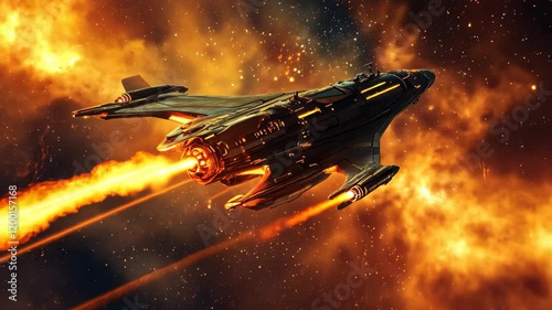 Wallpaper Mural Futuristic spaceship soars through fiery space landscape leaving trails of flame, Futuristic spaceship flying through space with fiery thrusters, background Torontodigital.ca