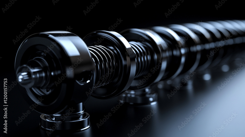 A 3D rendering showcasing car suspension parts like coil spring, shock absorber, control arms, and linkages with a slick, shiny modern design and blurred empty space for captions

