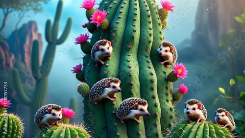 Hedgehogs Cartoonishly Climbing a Large Cactus in the Forest