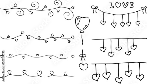 Set of hand drawn dividing for valentine day greeting card letter Garland with hanging hearts Black silhouette brush strokes isolated on white background