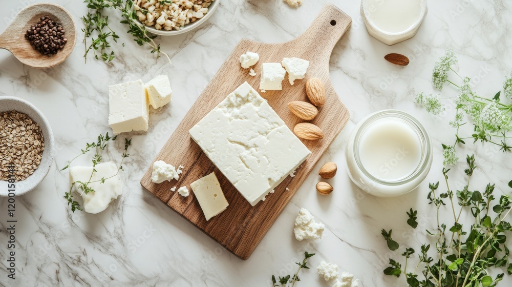 Artistic arrangement of vegan substitutes like tofu, almond milk, and plant-based cheese, styled creatively for culinary inspiration, Artistic arrangement of vegan substitutes like tofu, almond milk, and plant-based cheese, styled creatively for culinary inspiration,