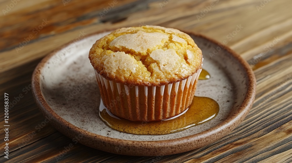 Cornbread muffin placed a rustic plate drizzled with honey all captured from a clean topdown view Cornbread muffin placed a rustic plate drizzled with honey all captured from a clean topdown view