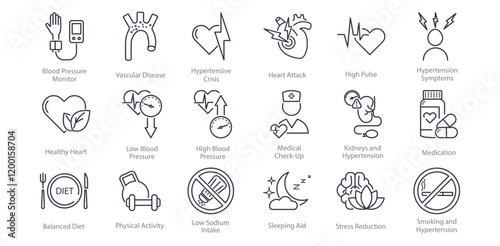 Hypertension line icon set. Heart, tonometer, blood pressure, pulse, vascular disease, prevention, hypertensive crisis, normal sleep, physical activity vector illustration Editable Strokes