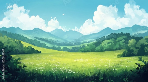 Serene landscape painting of lush green valley