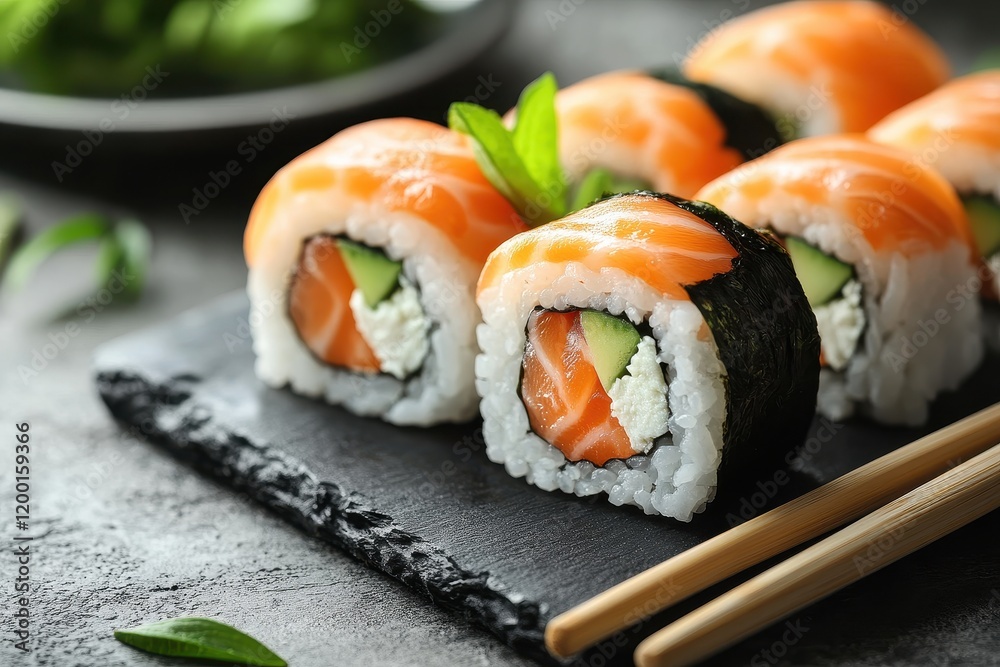 Sushi rolls with salmon and cucumber served on a black plate with green leaves Sushi rolls with salmon and cucumber served on a black plate with green leaves