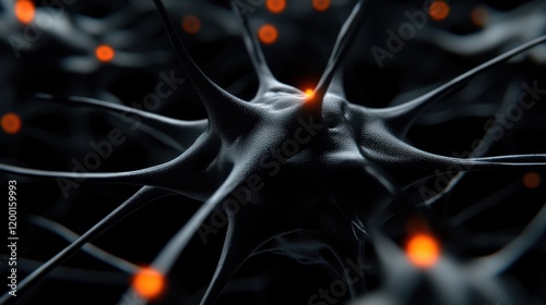 Close-up of a neuron, highlighting its intricate network of dendrites and axon, with synapses firing, suggesting neural activity