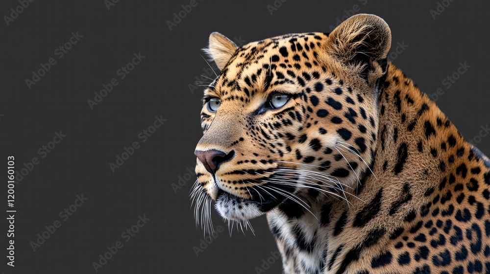 Fototapeta premium A close-up of a majestic leopard showcasing its striking spots and intense gaze against a dark background.