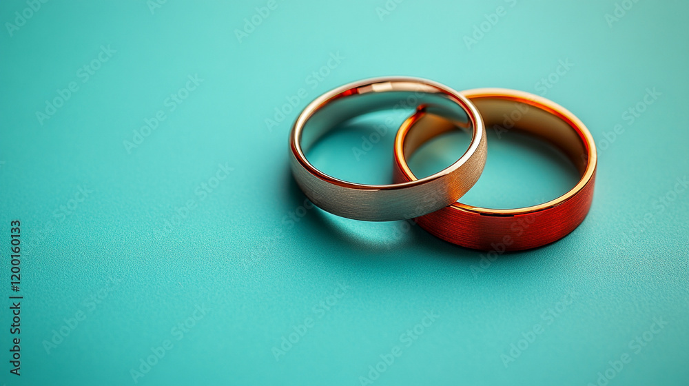 Close-up top view of two elegant wedding rings on a soft pastel color background with ample space for copy, symbolizing love, commitment, and romance, modern and dreamy engagement rings captured with Close-up top view of two elegant wedding rings on a soft pastel color background with ample space for copy, symbolizing love, commitment, and romance, modern and dreamy engagement rings captured with