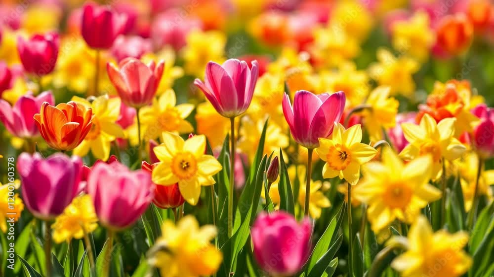 Spring Flowers: Vibrant Tulips and Daffodils Bloom in a Sunny Garden Spring Flowers: Vibrant Tulips and Daffodils Bloom in a Sunny Garden