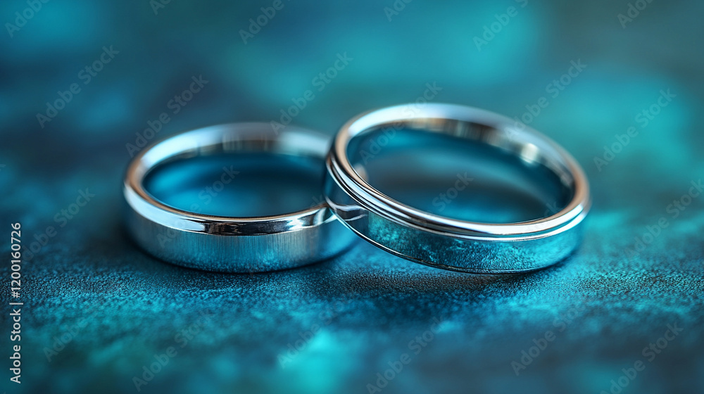Close-up top view of two elegant wedding rings on a soft pastel color background with ample space for copy, symbolizing love, commitment, and romance, modern and dreamy engagement rings captured with 