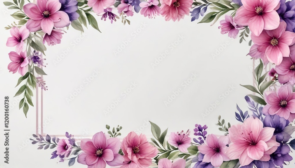 Fototapeta premium Watercolor border frame with pink purple flowers on white background, floral, purple