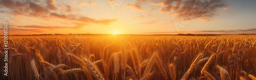 A wheat field at sunset.	
