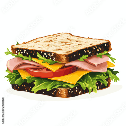 Delicious sandwich with fresh lettuce, tomato, ham, and cheese toast bread clipart vector cartoon illustration isolated on a white background