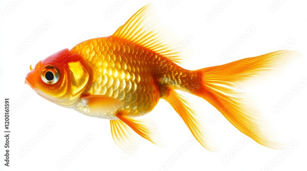 A shiny goldfish swimming gracefully, fins spread wide, isolated on a bright white background, A shiny goldfish swimming gracefully, fins spread wide, isolated on a bright white background,