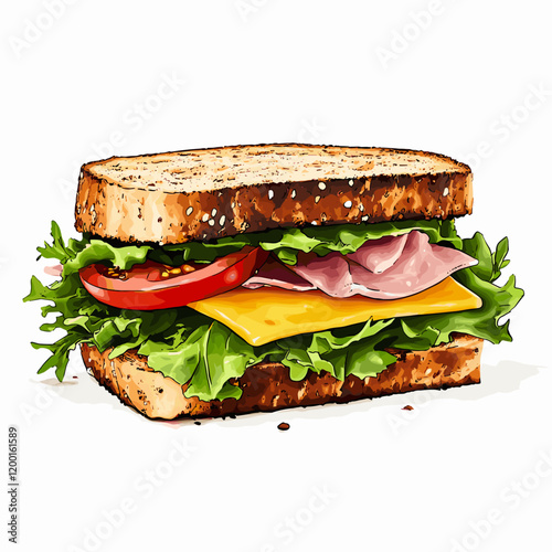 Delicious sandwich with fresh lettuce, tomato, ham, and cheese toast bread clipart vector cartoon illustration isolated on a white background
