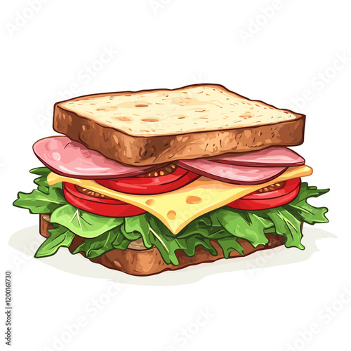 Delicious sandwich with fresh lettuce, tomato, ham, and cheese toast bread clipart vector cartoon illustration isolated on a white background