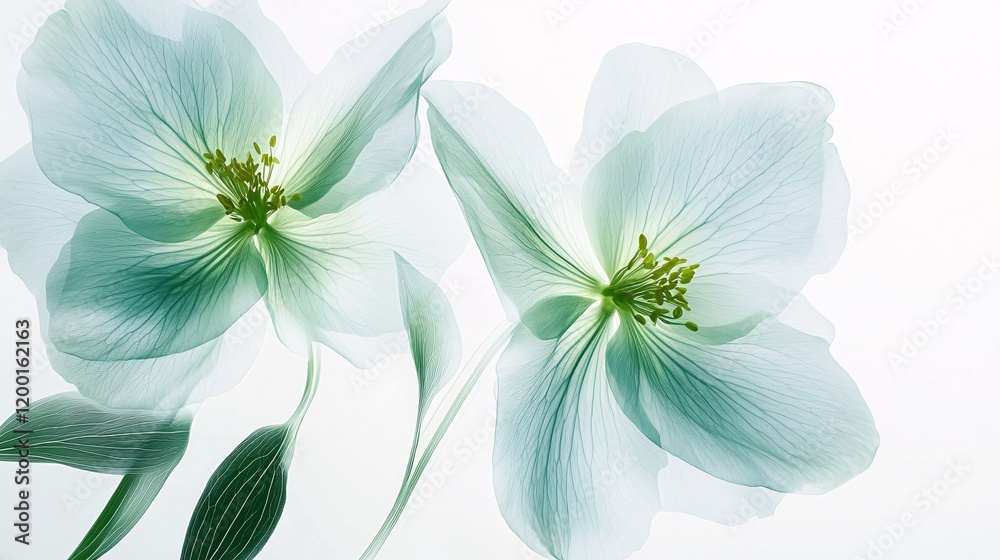 Obraz premium Elegant light blue flowers with delicate petals and green accents, evoking a serene and tranquil atmosphere.