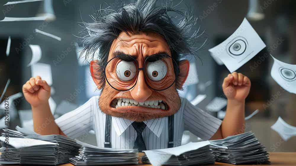 A cartoon office worker struggles with a chaotic pile of papers and documents. His expression shows frustration and stress as he navigates the cluttered workspace filled with scattered paperwork.