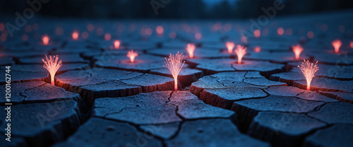 Bioluminescent sprouts emerging from cracked earth at dusk conveying hope and resilience in a desolate landscape