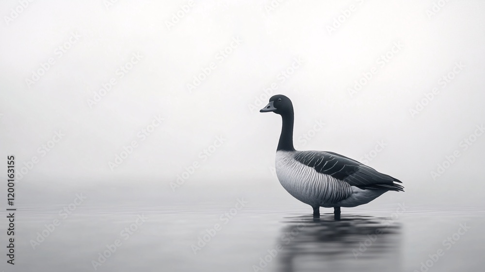Fototapeta premium A solitary black and white goose stands gracefully on calm waters, exuding a calm and serene ambiance.