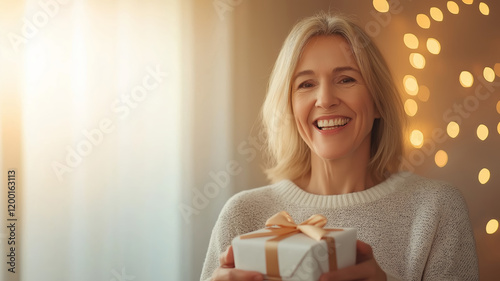 Mature woman grinning, clutching wrapped gift against soft glowing holiday background, festive warmth radiating
