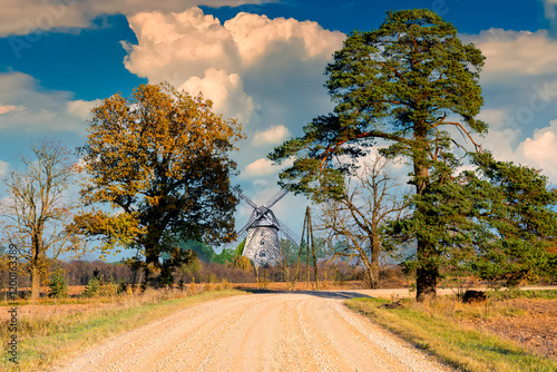 Autumnal landscape with countryside road,  lonely pine tree and old windmill ...