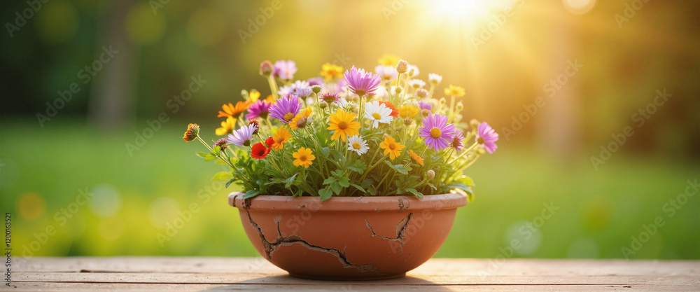 Falling sun rays illuminate a vibrant flower pot filled with a variety of colorful blossoms, creating a warm and inviting atmosphere in a serene outdoor setting Falling sun rays illuminate a vibrant flower pot filled with a variety of colorful blossoms, creating a warm and inviting atmosphere in a serene outdoor setting