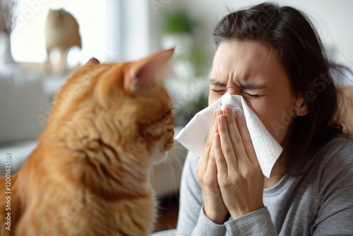 A woman struggles with allergies while sitting at home with her orange cat during the afternoon light photo