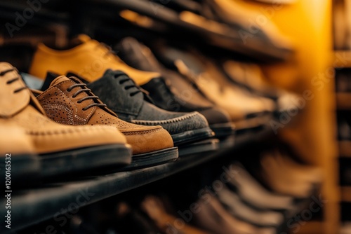 A collection of brown suede brogue shoes with perforated detailing, arranged on a sleek black shelf in warm, ambient lighting photo