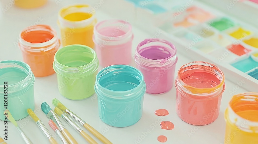 Vibrant Paints and Brushes on White Table Vibrant Paints and Brushes on White Table