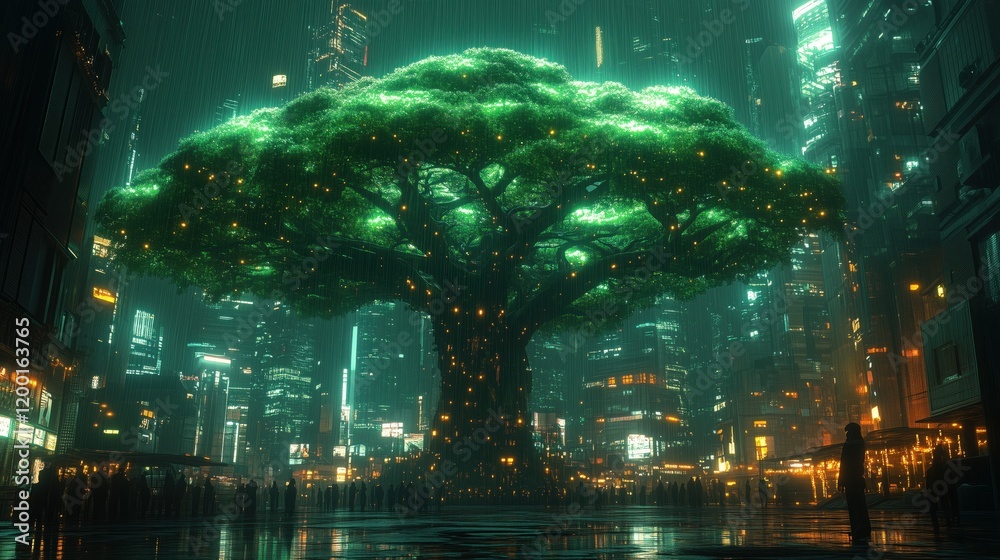 Obraz premium Large glowing tree stands in a futuristic urban setting under neon lights at night, merging nature and technology