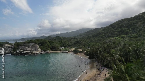 coastal beach paradise with forest and mountains