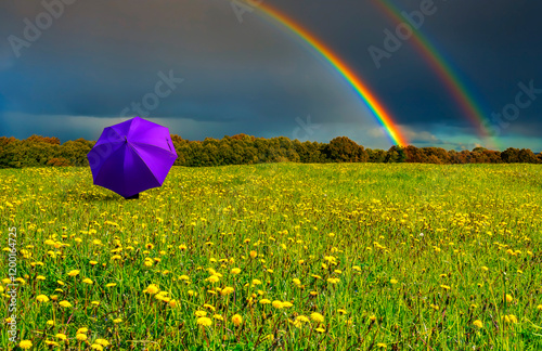 Lonely umbrella among the field with blossom dandelions, the scene was taken just before thunderstorm.  My own photos and traditional digital tools, not AI ones were used

 photo