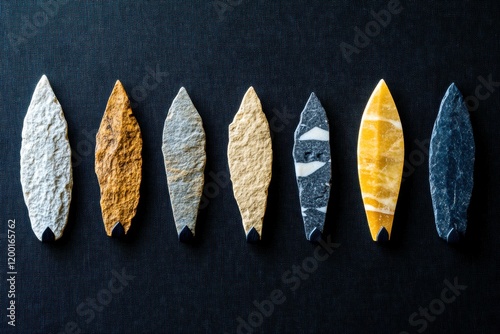 Collection of Native American arrowheads made of stone on dark fabric background with informative labels detailing each piece