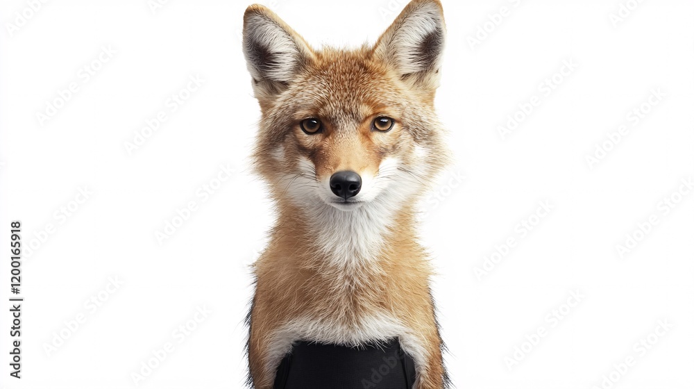 Obraz premium A striking close-up of a fox with a confident gaze, showcasing its vibrant fur and distinctive features against a white background.