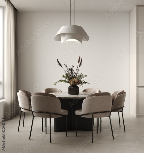Obraz na płótnie cozy modern dining room with round table, beige soft chairs and pendant lamp, dried flowers in vase interior background, 3d rendering