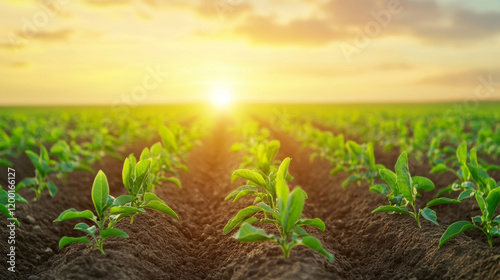 Wide-angle view of seedlings in a field at sunset, forming lines and layers of green and brown, creating a warm and hopeful image of growth and potential photo