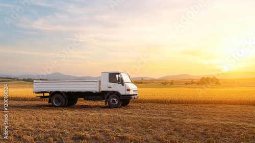 Wallpaper Mural Compact agricultural truck with empty payload area parked in a rural field at sunset, highlighting simplicity and functionality against a scenic backdrop Torontodigital.ca