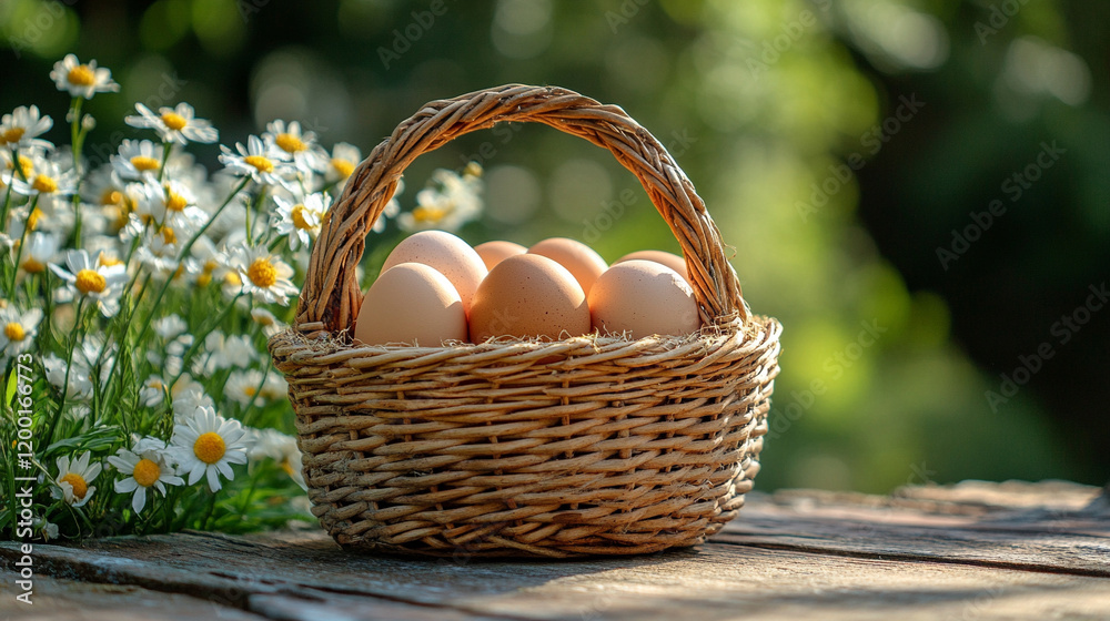 Freshly collected eggs in a woven basket symbolizing abundance renewal and sustainability with a chicken in a rustic farm setting modern blurred background for versatile compositions
Freshly collected eggs in a woven basket symbolizing abundance renewal and sustainability with a chicken in a rustic farm setting modern blurred background for versatile compositions