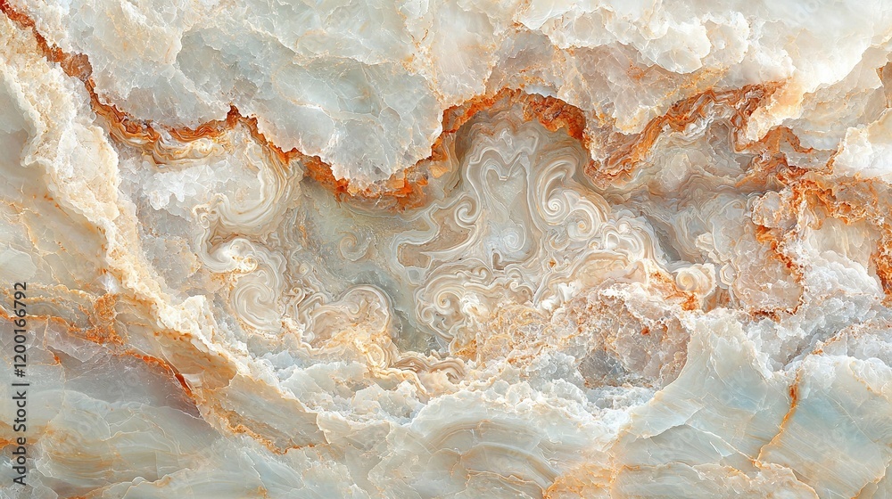 Obraz premium A zoomed-in image of a marbled surface, featuring orange and white patterns intertwined