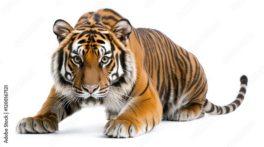 Obraz premium A stealthy tiger crouching as if ready to pounce, its eyes sharp, isolated on white,
