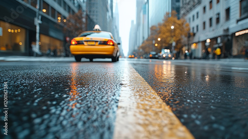 Yellow taxi cab driving away on a wet street in Manhattan, New York City, after the rain with reflections and lights