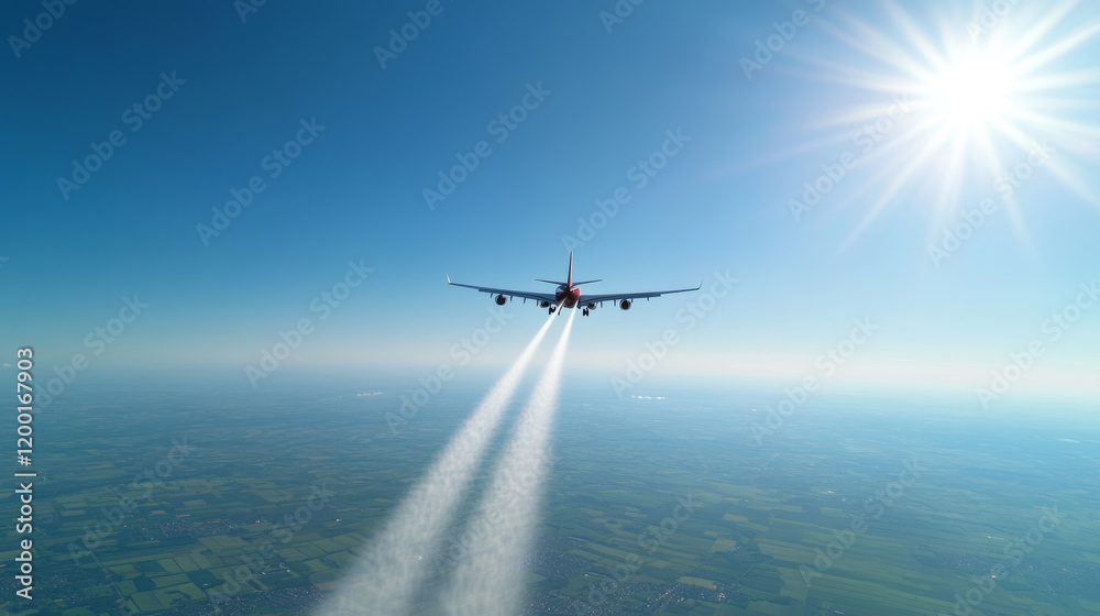 Naklejka premium Agricultural airplane spraying pesticides over vibrant crops, creating misty trails against a bright blue sky and shining sun