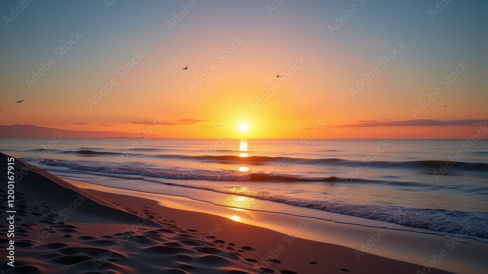 A breathtaking sunset over tranquil waters bathes the horizon in vibrant orange and blue hues, centered by a radiant yellow-orange sun descending gracefully, creating an enchanting symphony of colors A breathtaking sunset over tranquil waters bathes the horizon in vibrant orange and blue hues, centered by a radiant yellow-orange sun descending gracefully, creating an enchanting symphony of colors